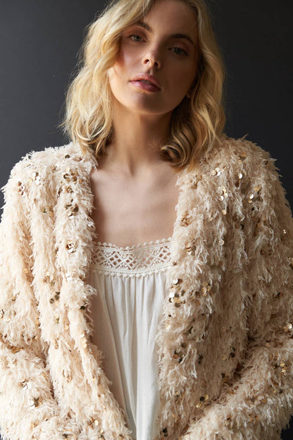 Feathery Glitter Sequin Open Cardigan