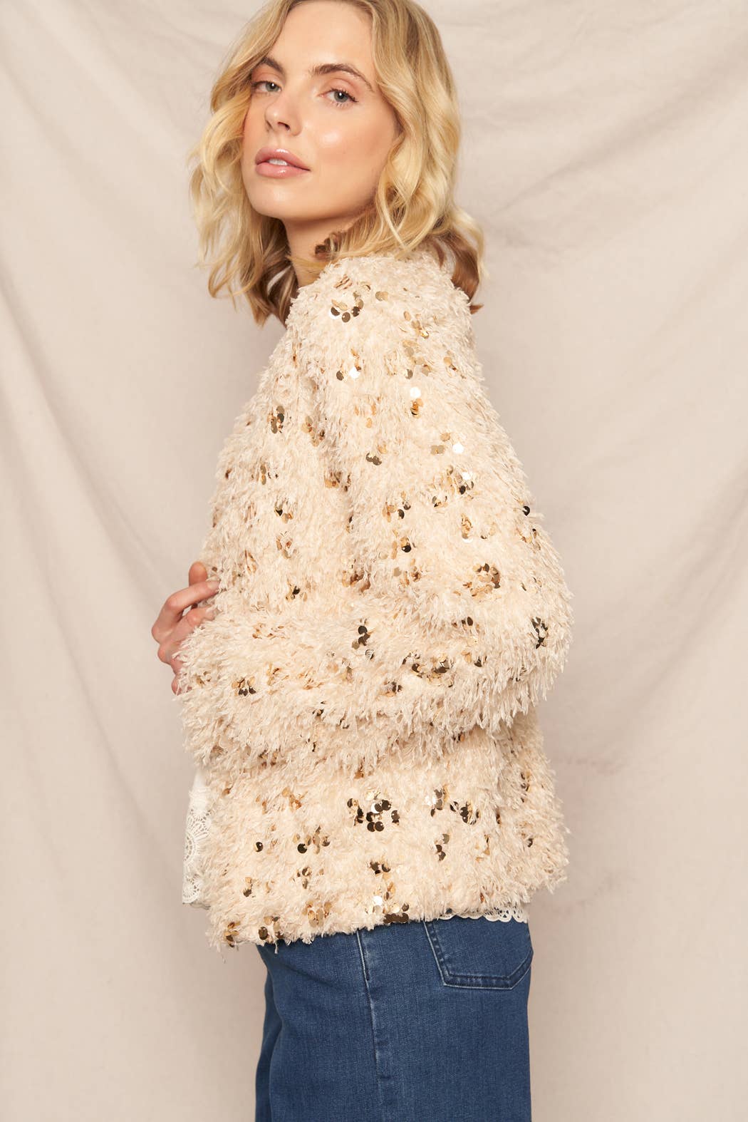 Feathery Glitter Sequin Open Cardigan