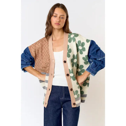 Patchwork Denim Sleeve Cardigan