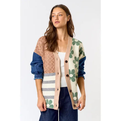 Patchwork Denim Sleeve Cardigan